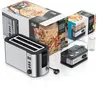 A toaster and an egg cooker are displayed with their packaging. Produktbild-Vorschau