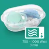 A clear plastic case containing two pacifiers, one green and one blue, with a microwave icon and text indicating usage instructions. Anteprima dell’immagine prodotto