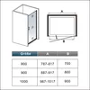 A technical drawing of a shower enclosure with a diagram and a size chart. Produktbild-Vorschau