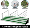 Collage showing different applications of a stainless steel handrail on stairs, including indoor and outdoor settings, and a diagram of the product on stairs. Náhled obrázku produktu