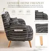 A striped armchair with accompanying cushions and wooden legs, presented with feature callouts. Náhled obrázku produktu