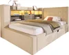 A beige L-shaped sofa bed with integrated shelving and LED lighting. Podgląd zdjęcia produktu