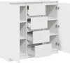 A white sideboard with multiple drawers and shelves, shown with one door open. Náhled obrázku produktu