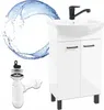 A white bathroom vanity with a sink and faucet, along with plumbing parts and a splash of water. Anteprima dell’immagine prodotto