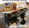 A kitchen island cart with various storage options, including drawers, open shelves, and a wooden crate, is shown on a rug. Produktbild-Vorschau