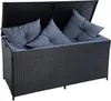 A black poly rattan storage box with a lid open, showing three gray cushions inside. Produktbild-Vorschau
