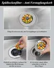Collage of images showing a sink strainer in use and being cleaned. Produktbild-Vorschau