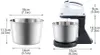 A size chart showing the dimensions of a stand mixer and its bowl. Produktbild-Vorschau