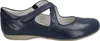 A side view of a navy blue leather Mary Jane shoe. Voir les images du produit