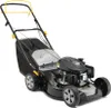 A black and gray gasoline-powered lawnmower with yellow accents is shown against a white background. Produktbild-Vorschau