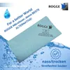 A light blue microfiber cloth is shown partially submerged in water, with water splashes and bubbles around it. Text and logos are overlaid on the image. Produktbild-Vorschau
