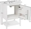 A white bathroom vanity with a sink and an open cabinet door, showing dimensions. Náhled obrázku produktu