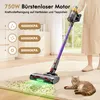 A person is using a purple cordless vacuum cleaner on a carpeted floor, with a cat lying nearby. The vacuum is shown cleaning up green particles. Produktbild-Vorschau