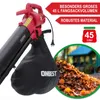 A red and black leaf blower with a collection bag, next to a pile of leaves and a house in the background. Produktbild-Vorschau