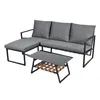 A three-piece outdoor furniture set including a sofa with an attached ottoman and a coffee table, presented on a white background. Voir les images du produit