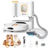 A white robot vacuum cleaner with a docking station and various pet grooming accessories, including a dog and a cat, are displayed against a white background. Produktbild-Vorschau