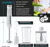 A product image showcasing a hand blender set with various attachments and accessories, along with descriptive text and certifications. Produktbild-Vorschau