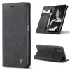 A collage of images showing a dark gray flip phone case from different angles, including one with a phone inside showing a woman on the screen. Produktbild-Vorschau