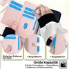 A pink wallet-style phone case with multiple card slots and a zippered compartment, shown with hands interacting with it. Produktbild-Vorschau