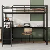 A loft bed with a desk and shelves in a room. Náhled obrázku produktu