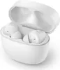 A pair of white in-ear headphones with their charging case open, showing the earbuds inside. Podgląd zdjęcia produktu