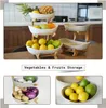 A collage of images showing a multi-tiered fruit and vegetable storage stand with various fruits and vegetables. Produktbild-Vorschau