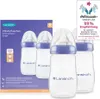 A product shot of Lansinoh baby bottles with a marketing overlay. Voir les images du produit
