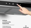 A hand is shown interacting with the control panel of a range hood. Produktbild-Vorschau