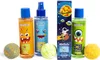 A set of children's bath products with a space theme, including shampoo, body spray, shower gel, and bath bombs. Produktbild-Vorschau