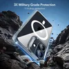 A clear phone case with a magnetic ring is shown falling amidst rocks and debris, with text indicating military-grade protection. Náhľad obrázku produktu