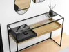 A console table with a glass top and wooden shelf, placed against a white wall with mirrors above it. Podgląd zdjęcia produktu