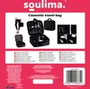 A collage of images showcasing a black cosmetic travel bag from different angles and with different contents, along with a person wearing leggings and holding a similar bag. The background is a vibrant pink. Náhľad obrázku produktu