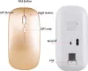 A top-down view of two wireless computer mice, one gold and one white, with labels pointing out their features. Produktbild-Vorschau