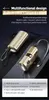 A product shot of a gold colored mini power bank with a built-in cable and lanyard, displayed on a dark reflective surface. Produktbild-Vorschau