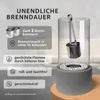 A close-up of a tabletop fireplace with informational text overlays. Produktbild-Vorschau