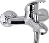 A chrome-finished bathroom faucet with a shower hose attachment, isolated on a white background. Produktbild-Vorschau