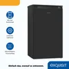 A black refrigerator with feature icons and text on a white and light gray background. Produktbild-Vorschau