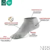 A diagram showcasing the features of a grey sock, with text callouts pointing to different parts of the sock and descriptive text. There are also logos for FSC and OEKO-TEX. Produktbild-Vorschau