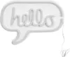 A white neon sign shaped like a speech bubble with the word 'hello' inside, mounted on a white background. Anteprima dell’immagine prodotto
