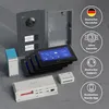 A collection of smart home intercom system components arranged on a gray surface. Produktbild-Vorschau