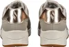 The back view of a pair of gray Skechers sneakers with rose gold accents. Produktbild-Vorschau