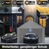 A marketing image showing a carport tent protecting cars from various weather conditions. Produktbild-Vorschau