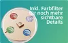 A close-up of a microscope's filter wheel with four different colored filters, each showing a magnified view of cells. Text overlays highlight the feature. Produktbild-Vorschau