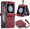 A collage of images showing a red flip phone case from different angles, including one with a wrist strap attached.