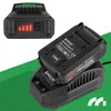 A black battery and charger for garden tools are shown against a green and white background. Podgląd zdjęcia produktu
