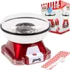 A retro-style red and white cotton candy machine with accessories, set against a white background. In the background, a box shows illustrations of the machine and cotton candy. Produktbild-Vorschau