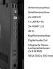 A close-up view of the ports and connections on the back of a television, with a list of its features and specifications next to it. Produktbild-Vorschau