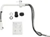 A white kitchen faucet with pull-out spray and hoses, along with installation instructions and some accessories, laid out on a white background. Produktbild-Vorschau