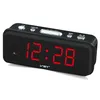 A black digital alarm clock with red LED display. Produktbild-Vorschau