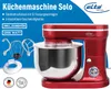 A red kitchen mixer with accessories displayed on a blue background with product information.